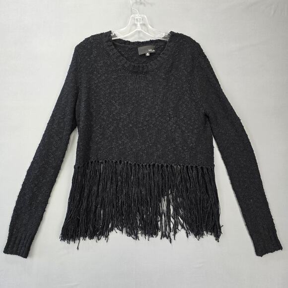 Fate by LFD Black Fringe Sweater Knit Open Slit Back Long Sleeves Women's Size M - Picture 2 of 10